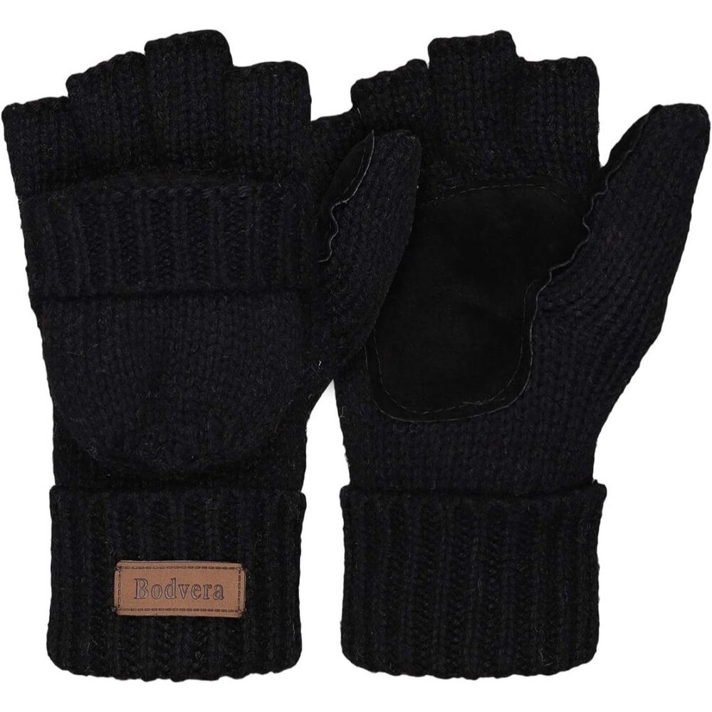 Women's Black Thermal Wool Winter Warm Fingerless Knitted Mittens Flap Gloves